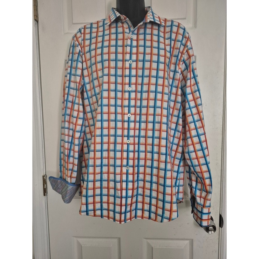 Bugatchi Uomo Mens Plaid Check Button Down Long Sleeve Shirt Flip Cuff Mens XL